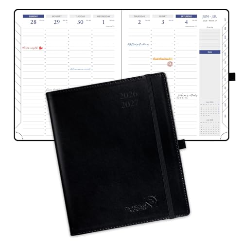 POPRUN Weekly Planner 2026-2027(Medium 7" x 8.5"), 30-Minute Hourly Appointment Book (July 2026-June 2027) with Monthly Tabs, Inner-pocket, Pen Holder, PU Leather Softcover - Black