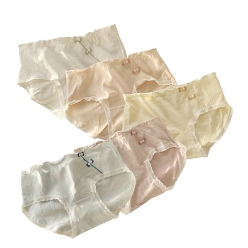 Premium Cotton Underwear School Teen Girl Japanese Bow Decor Panty Set 5 Pack Soft Ruffle Trim Mid-rise Comfy Briefs