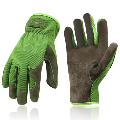 HANDLANDY Men Leather Gardening Gloves, Utility Work Gloves for Mechanics, Construction, Driver, Dexterity Breathable Design Medium (Pack of 1) Green