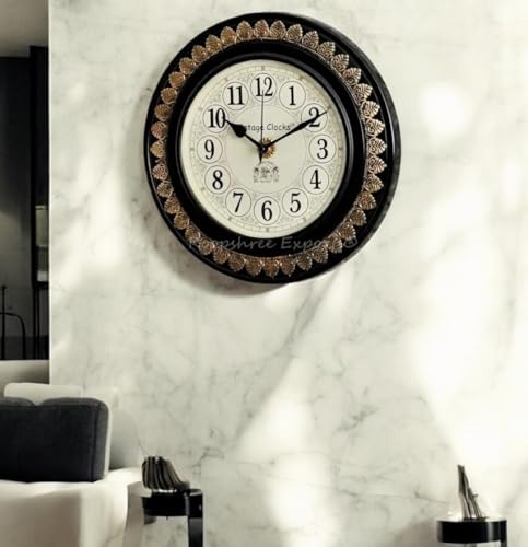 Image of Vintage Clock Brass Inlay Wooden Shiny Brown Handcrafted Wall Clock Handcrafted for Living Room Home Office Decor / 9154-12-FH