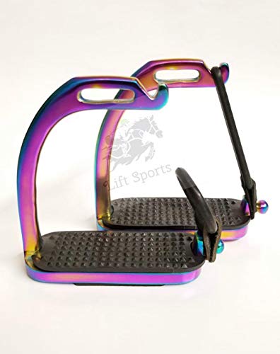 Lift Sports 4.75" Rainbow Multi Color Horse Riding Peacock Safety Saddle Stirrups Irons Gloss Finish Fillis English Riding Protection Saddle Stainless Steel Equestrian Kids Children #TOP1