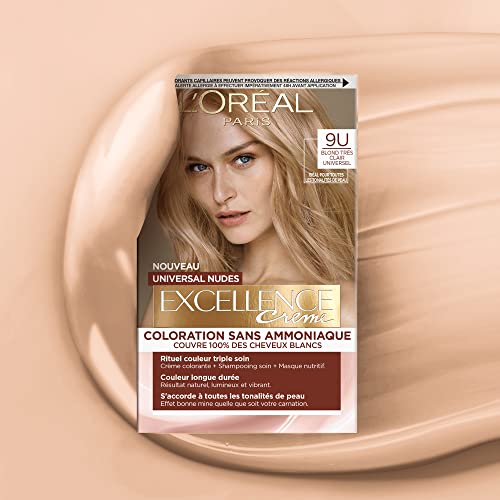 L’ORÉAL PARIS - Coloration Cheveux Cheveux Permanente - Sans Ammoniaque - Couvre 100% des Cheveux Blancs - Excellence Crème Universal Nudes - Nuance : Blond Très Clair Universel (9) (Lot de 2)