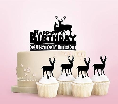 TC0241 Happy Birthday Deer Family Party Wedding Birthday Acrylic Cake Topper Cupcake Toppers Decor Set 11 pcs with Personalized Your Name