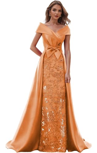 Off The Shoulder Mother of The Bride Dresses for Women Wedding Guest Long Formal Dress with Bow Train