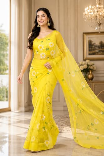 Jogal Women's Yellow Floral Organza Saree - Image 7