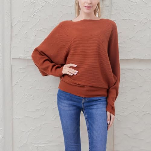 Image of Blostirno Women's Boat Neck Batwing Sleeves Dolman Ribbed Knitted Sweaters Pullovers Tops