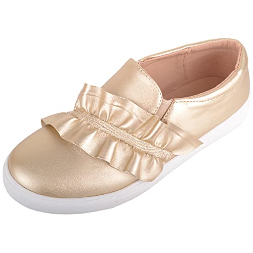 Childrens Kids Girls Slip On Twin Gusset Casual Lesiure Trainers Sneakers Pumps with Frill Design - Gold - UK Child 1 / EU 33-34