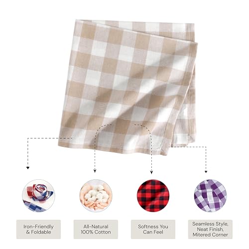Image of FINGERCRAFT 100% Cotton Cloth Napkins Set of 12 - 20x20 Inch (50x50 cm) Reusable Dinner Table Napkins, Soft & Absorbent Buffalo Check Gingham Fabric, Washable Kitchen & Dining Napkins (Beige White)