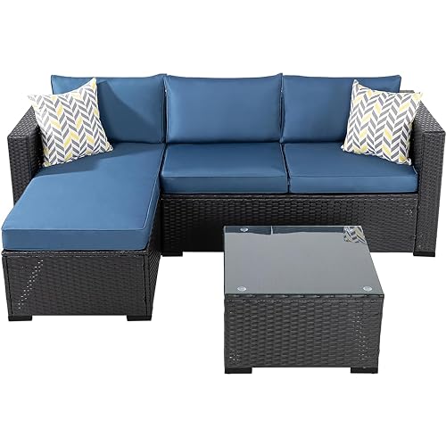 Shintenchi 3 Pcs Patio Furniture Set,Outdoor Sectional Black Wicker Patio Conversation Set,All-Weather Rattan Patio Couch with Washable Cushions and Glass Coffee Table(Navy Blue)