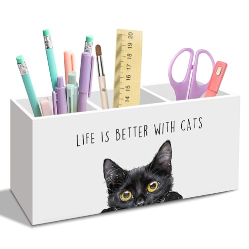 nvucamd Black Cat Gifts Pen Pencil Holder for Desk, Funny Black Cats Lovers Gift Office Desk Accessories, Life Is Better with Cats Toothbrush Pen Holders Organizer for Women Bathroom Classroom Decor
