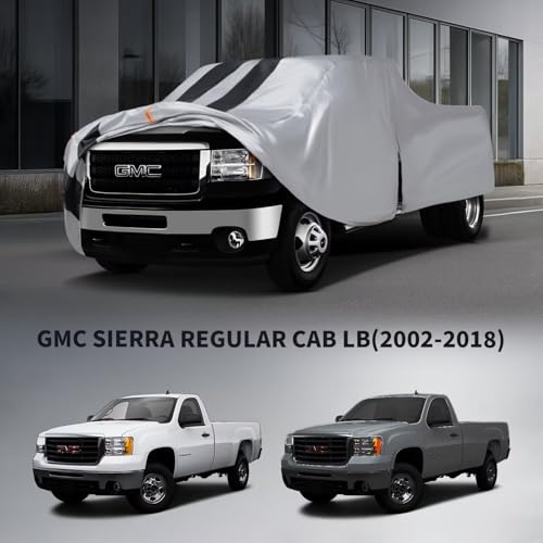 Image of GMC Sierra Truck Cover Custom Fit 2002-2018 Regular Cab Long Bed(8.15') with Door Zipper, 10 Layers Outdoor Heavy Pickup Truck Cover Waterproof All Weather, Wind Dust Sun Protector.