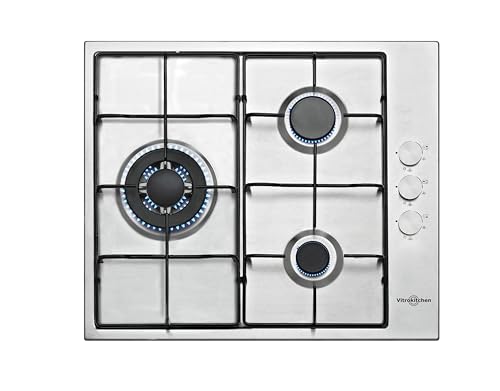 Vitrokitchen EN630-0LIN - Placa de Gas Natural 3 fuegos con encendido electrónico, acero inoxidable, seguridad Gas-Stop, 60cm