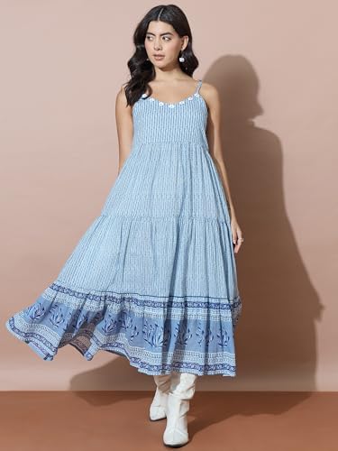 Image of Varanga Women Blue Striped Flowy Dress with Traditional Block Print Inspired Border Accents