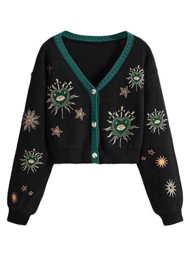 Image of BEAUDRM Women's Cropped Cardigan Sweater Embroidered Cardigan Cropped Sweater Button Down Knit Top Outerwear