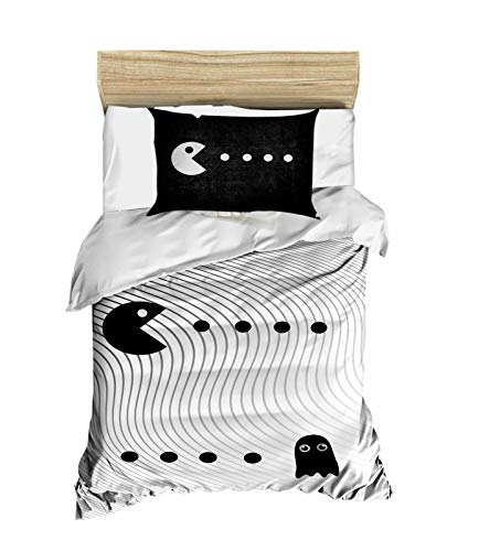 3D Printed 100% Cotton Pacman Bedding Set Boys Girls Bed Set, Single Twin Size Quilt Duvet Cover Set, Black White, with Fitted Sheet (4 Pcs)