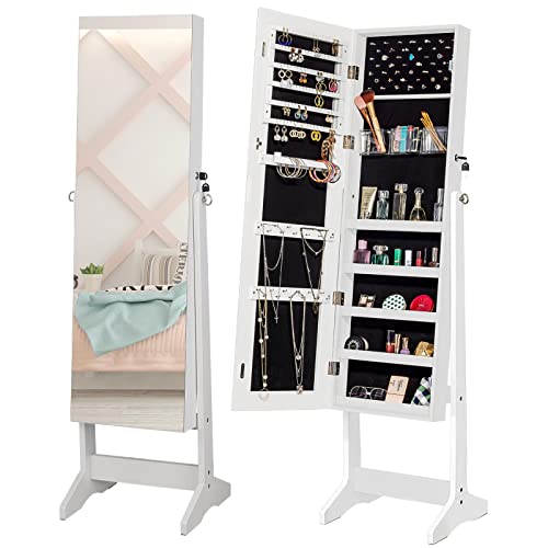 Viscologic Chloe Jewelry Armoire Makeup Mirrored Standing Storage Cabinet for Cosmetics, Jewelry, Lockable Cabinet, and Organizer with Dressing Mirror (White)