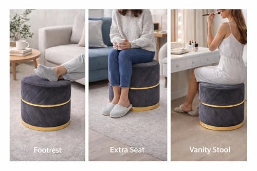 Image of Premium Velvet Puffy Ottoman Stool for Living Room | Round Footrest with Diagonal Channel Stitching & Gold Metal Base | Luxury Pouffe for Bedroom & Dressing Area (Black)