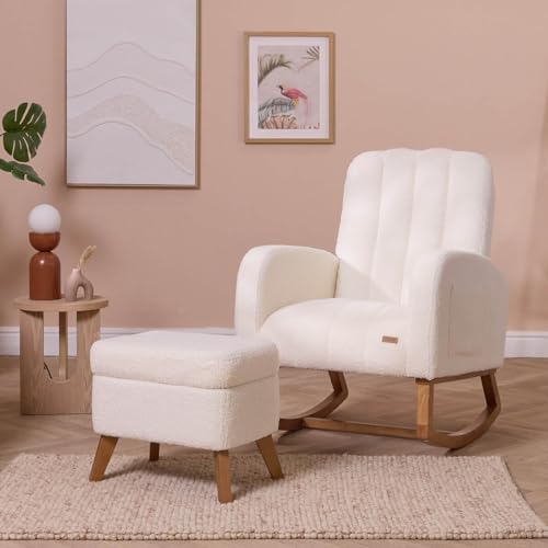 Image of Tutti Bambini Luca Bouclé Baby Rocking Chair with Footstool – Nursing Chair with Ergonomic Backrest & Armrests, Soft Bouclé Upholstery with Side Pocket for Comfortable Feeding & Cradling - Fresh Cream