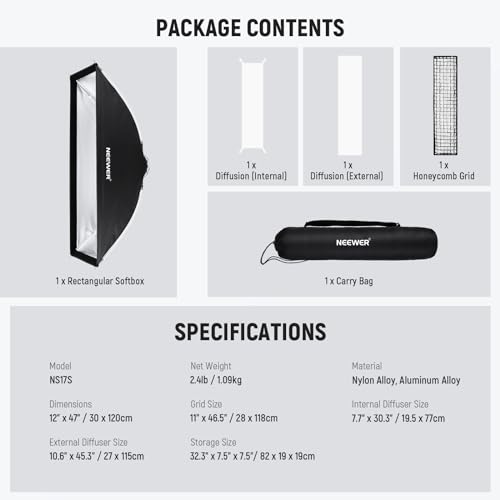 NEEWER 12"x47" Caja de luz Plegable rápida con Rayas rectangulares y Soporte Bowens con difusores/Rejilla de Panal/Funda Compatible con Godox Aputure 120d Luces de vídeo Q4 Flash de Estudio NS17S - imagen 8