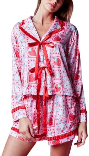 Image of Valentines Heart Bow Pajamas for Women Silk Satin Ruffle Shorts Pjs Tie Front Long Sleeve Shirts Pajamas with Bows