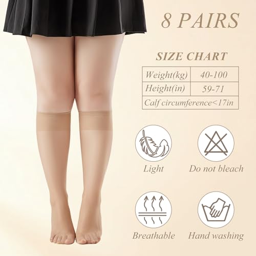 Image of 8 Pairs Plus Size Women Knee High Stockings Sheer Nylons Socks Womens Wide Calf Black Nylon Highs Stocking Queen Knee-high Panty Hose Sock