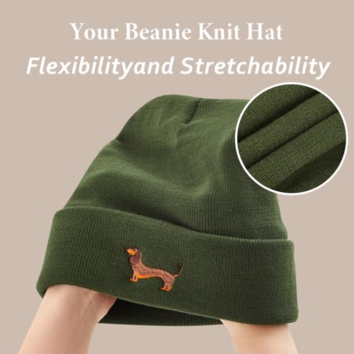 Geyoga Warme Weiche Wintermütze Winter Beanie Mütze Strickmütze mit Stickerei Kalte Mütze mit Hundestickerei Geschenk Strickmütze für Hundebesitzer(Armeegrün,Mode Dackel)