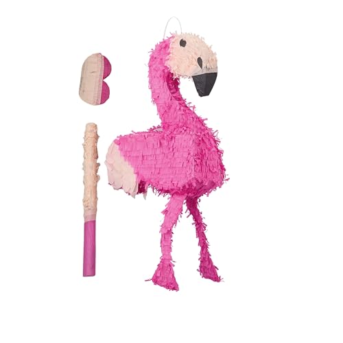 Relaxdays Piñata flamingo, com roupão e máscara, para aniversário, recarregável, 80 x 40 x 14 cm, rosa