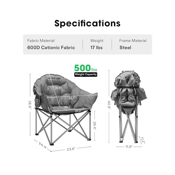 VIVOSUN Oversized Camping Chair, Padded Folding Moon Round Chair, Portable Saucer Chair with Cup Holder & Carry Bag, Supports up to 500lbs, for Indoor & Outdoor Activities, Gray - Image 3