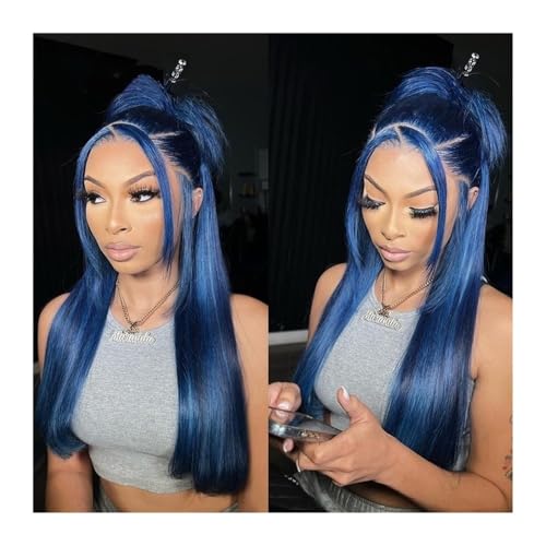 Blue Straight 13X4 Transparent Lace Front Wig 8-26" Brazilian Colored Human Hair Wigs For Women �w�A�G�N�X�e���V����(12inches)