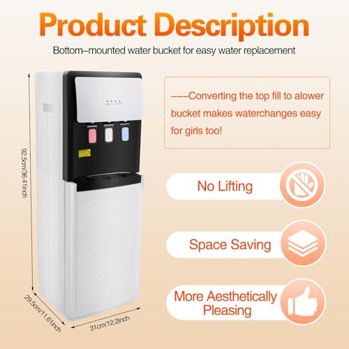 Image of 90W Water Dispenser for 5 Gallon Bottle,3 Temperature Settings - Hot,Cold & Room Water,500W Heating,90W Cooling for,Office-Stainless Steel,Home