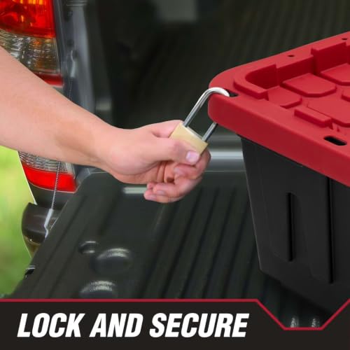 Image of Storage Bins 27 Gal Stackable with Lids 4 Pack for Garage Basement | Stackable with Lockable Lid Option - Secure stacking design with tie-down holes for zip-ties or padlocks.