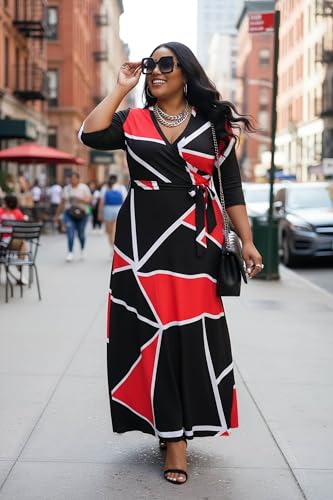 Image of Runwind Plus Size Dresses for Women Floral Maxi Dress Flowy 3 /4 Sleeve with Belt