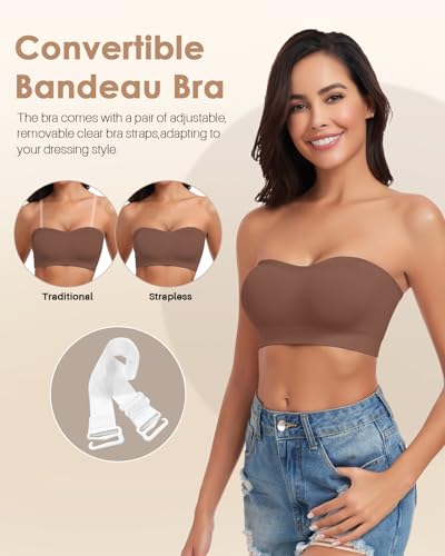 Image of LEYSHE Strapless Bra for Women Bandeau Bras Seamless Wireless Padded Bandeau Top Non-Slip Tube Top