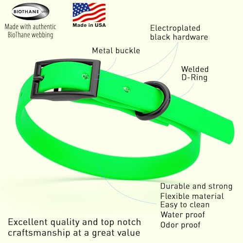Image of Dogline Biothane Waterproof Dog Collar Strong Coated Nylon Webbing with Black Hardware Odor- Proof for Easy Care Easy to Clean High Performance Fits Small Medium or Large Dogs, Tropical Green