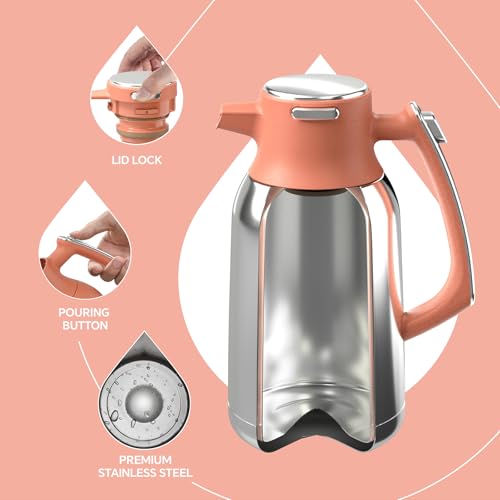 Image of IDEUS Thermal Coffee Carafe, Stainless Steel Double Wall Insulated Vacuum Flask, Water Jug Coffee Server and Beverage Dispenser, Heat and Cold Retention (Coral, 68, Fluid Ounces)