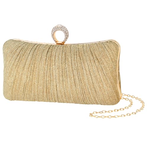 Image of Womens Golden Glitter Clutch Purse Pleated Evening Bag for Bridal Wedding Party with Rhinestone Ring