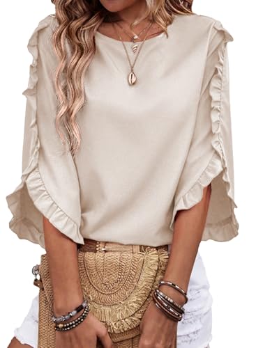EVALESS Womens Cute Crewneck Ruffle 3/4 Length Sleeve Tops Shirts Dressy Casual Blouses Fashion 2026 Spring Summer Outfits Business Work Tops Beige X-Large