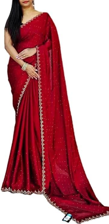 Women's Dailywear Georgette Stone Work Saree with Border & All-Over Stone Embellishments – Wedding Saree with Blouse Piece