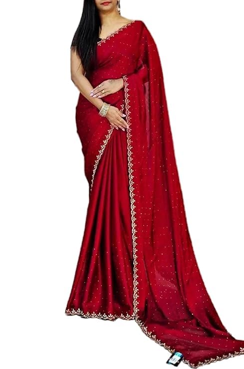 Accessorize Kingdom Womens Dailywear Georgette Stone Work Saree with Border & All-Over Stone Embellishments Wedding Saree with Blouse Piece (Red Free Size)
