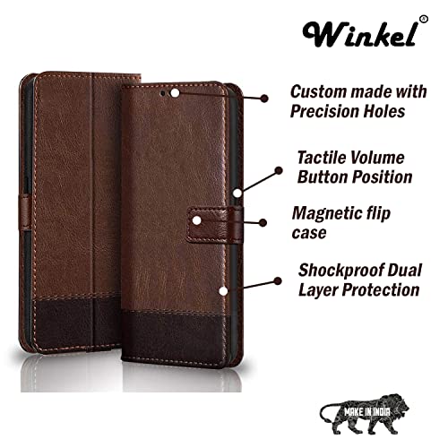 Image of Winkel Premium Vegan Leather Dual Flip Magnetic Mobile Cover Case | Kickstand & Card Holder | 360 Degree Grip Protection| Wallet Type with Magnetic Closure for VIVO V21E 5G -(Brown with Coffee)