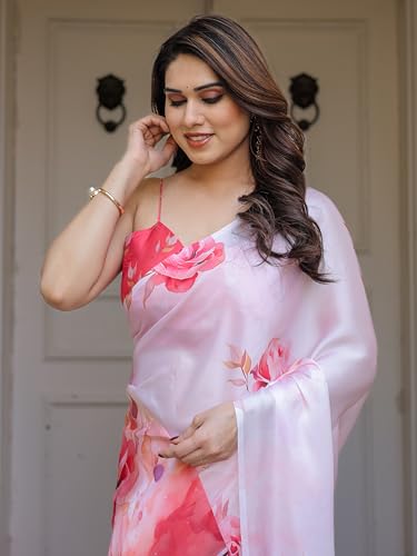 Image of ALMAARI FASHION Women's Floral Printed Georgette Satin Saree with Unstitched Blouse Piece | Traditional Ethnic Wear Sarees | Soft Lightweight Ethnic Office Wear Daily Wear Indian Sari (SG 161-170 H)