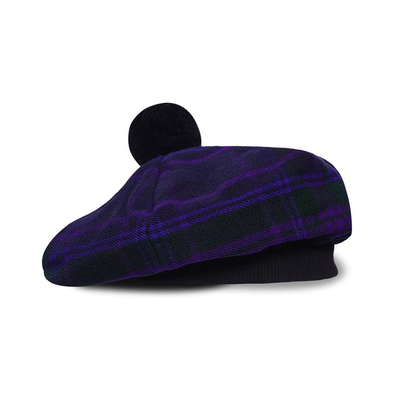 Image of Scottish Tam O' Shanter Hat Tartan Bonnet Pom Pom Wool Flat Cap One Size