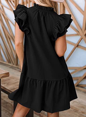 Dokotoo Womens Summer Dresses 2025 V-Neck Drawstring Ruffle Cap Short Sleeve Side Pockets Mini Dress Sundress2