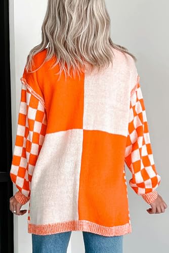 Urchics Womens Casual Sweater Orange Checkered Open Front Drop Shoulder Cardigan2