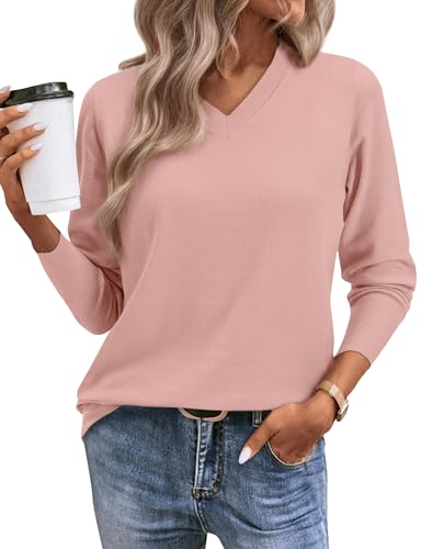 Image of Women's Spring Sweaters 2026 Casual Long Sleeve Pullover V Neck Lightweight Sweatshirts Cute Blouse Tops