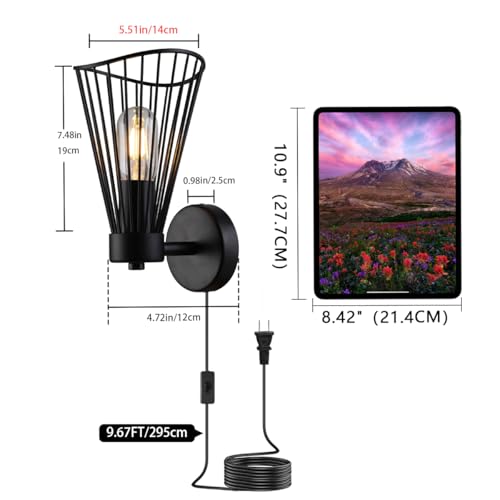 Image of Plug in Wall Sconce Indoor Large Modern Wall Sconces Farmhouse Wall Lamp with Plug in Cord Vintage Black Wall Lights with On /Off Switch Wall Light Fixture for Living Room Bedroom Rustic