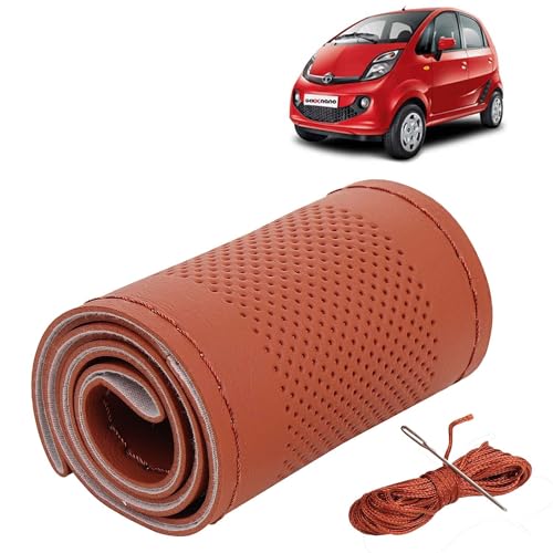 Image of KINGSWAY PU Leatherite Car Steering Cover Sewable Compatible with Tata Nano (Year 2008 Onwards), Tan Color with Tan Thread, Pack of 1 with Sewing Needle and Thread