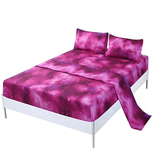Sdiii 4Pcs Red Galaxy Theme 3D Bed Sheet, Full Size Out Space Bedding Sheet Set With 1*Top Flat 1*Fitted Sheet And 2 *Pillowcases #TOP12