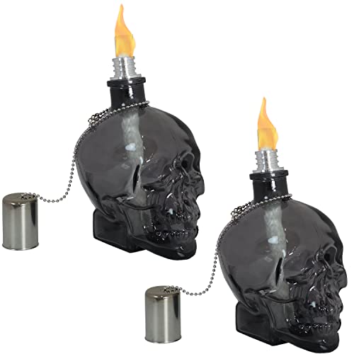 Sunnydaze Grinning Skull Glass Tabletop Torches - Outdoor Patio Lighting - Includes Wicks and Attached Snuffers - Set of 4 Refillable Torches - Black