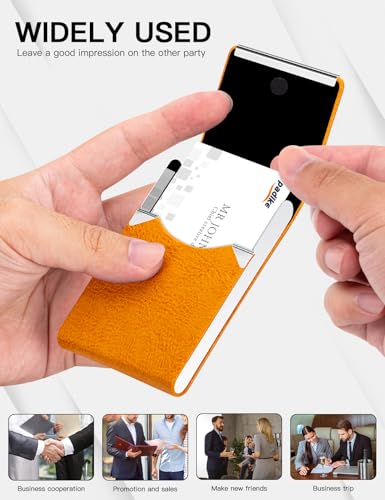 Image of Padike Professional Business Card Holder PU Leather Business Card Case Name Card Holder Slim Metal Pocket Card Holder with Magnetic Shut (Z-Orange)